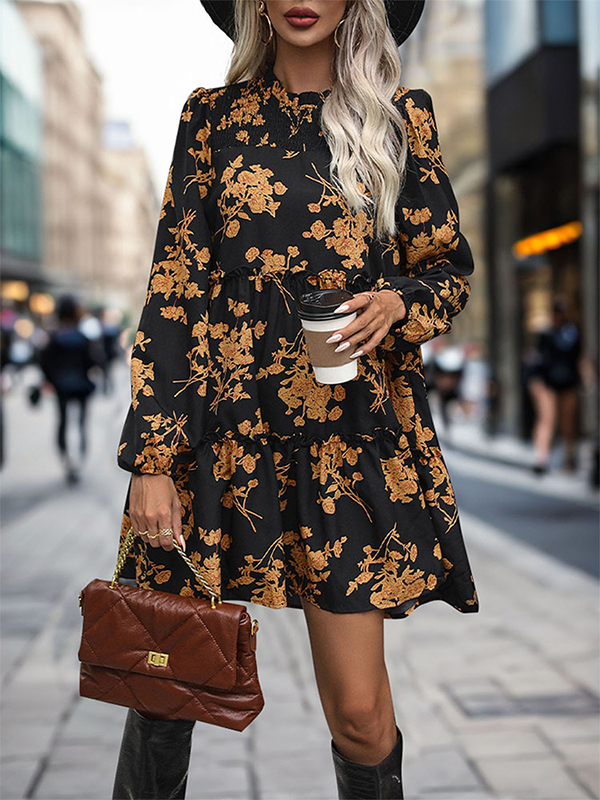 A-Line High Waisted Elasticity Flower Print Split-Joint Round-Neck Mini Dresses