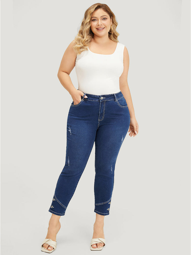 Very Stretchy High Rise Dark Wash Button Hem Jeans