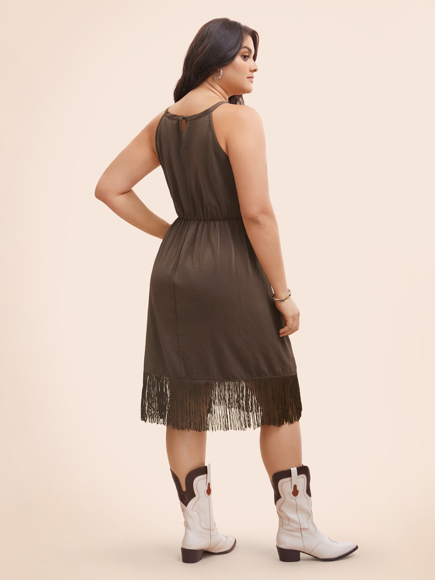 Fringed Hem Elastic Waist Midi Dress
