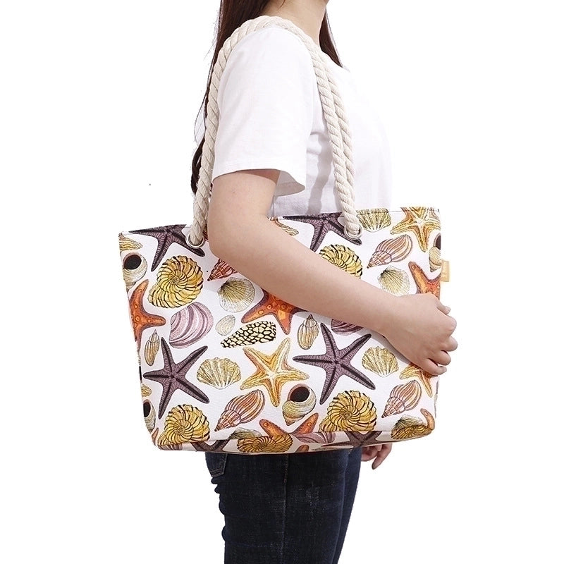 Women's Large Cotton Polyester Starfish Shell Vacation Square Zipper Canvas Bag