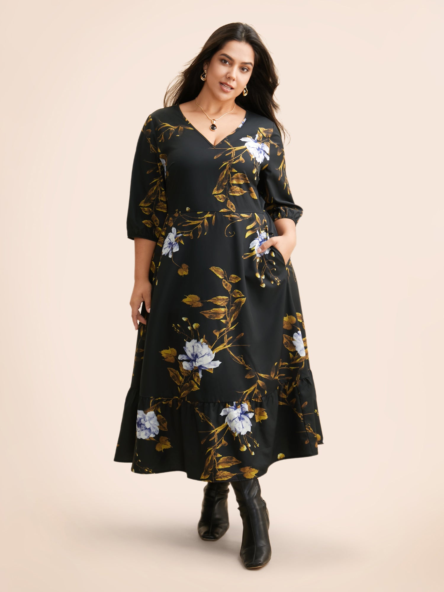 Floral Print V Neck Lantern Sleeve Dress