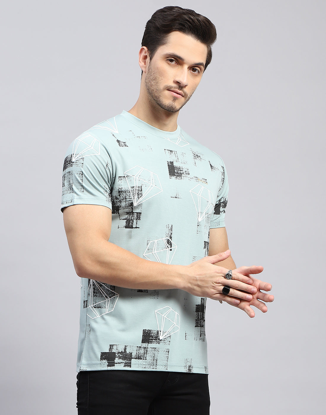 Men Sky Blue Printed Round Neck Half Sleeve T-Shirt