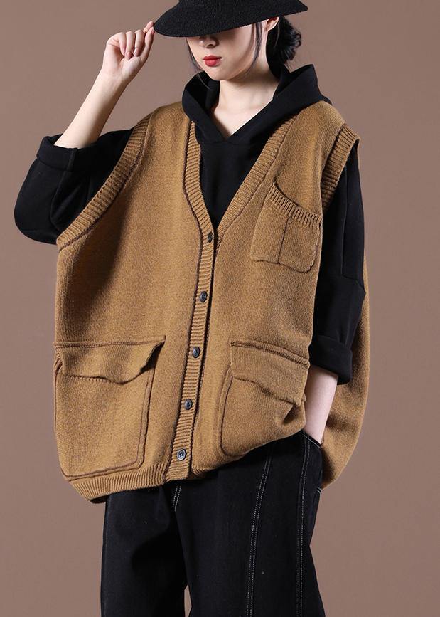 Camel Knitted  Waistcoat V Neck women sweatar vest