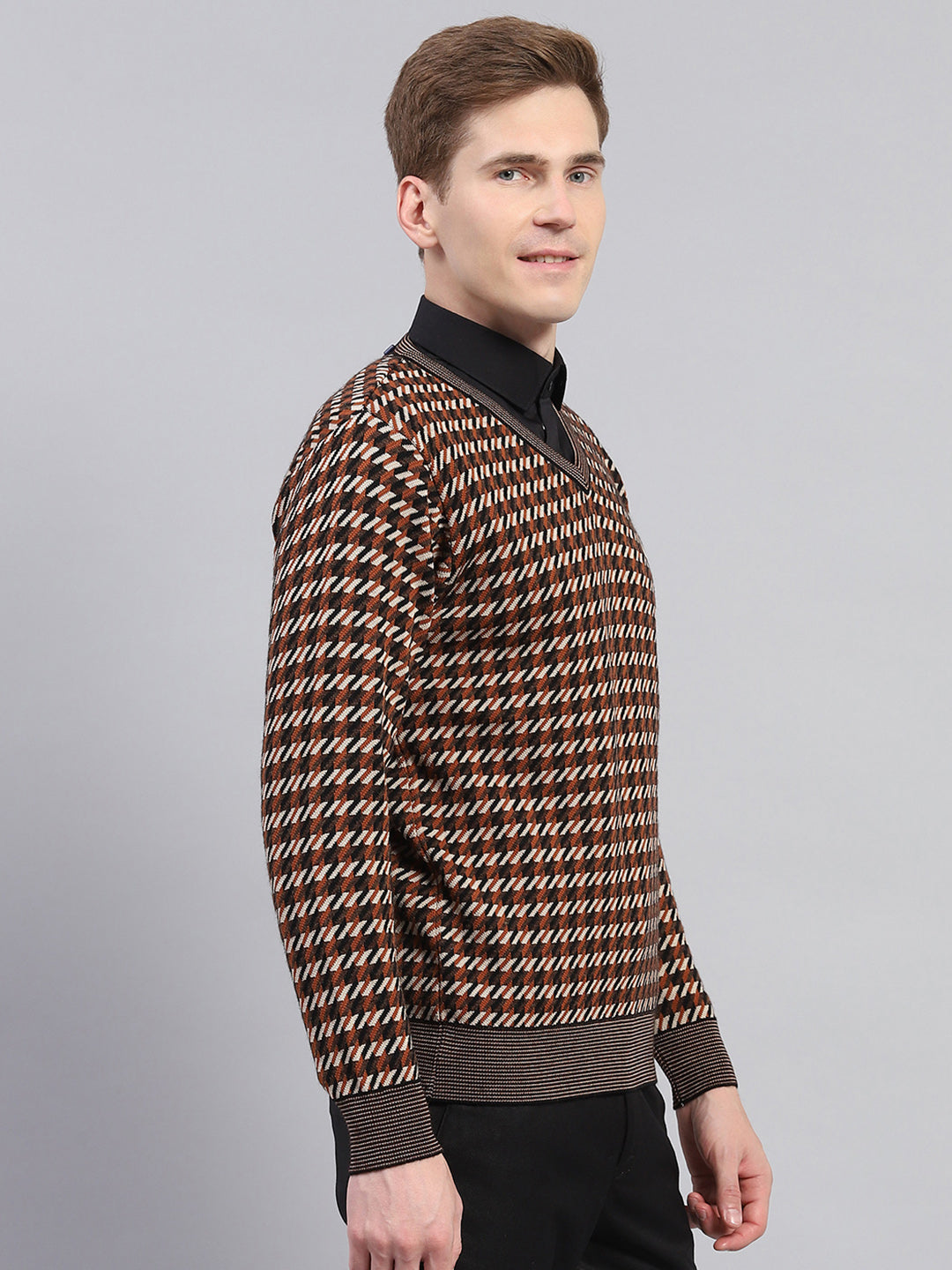 Men Brown Stripe V Neck Full Sleeve Pullover