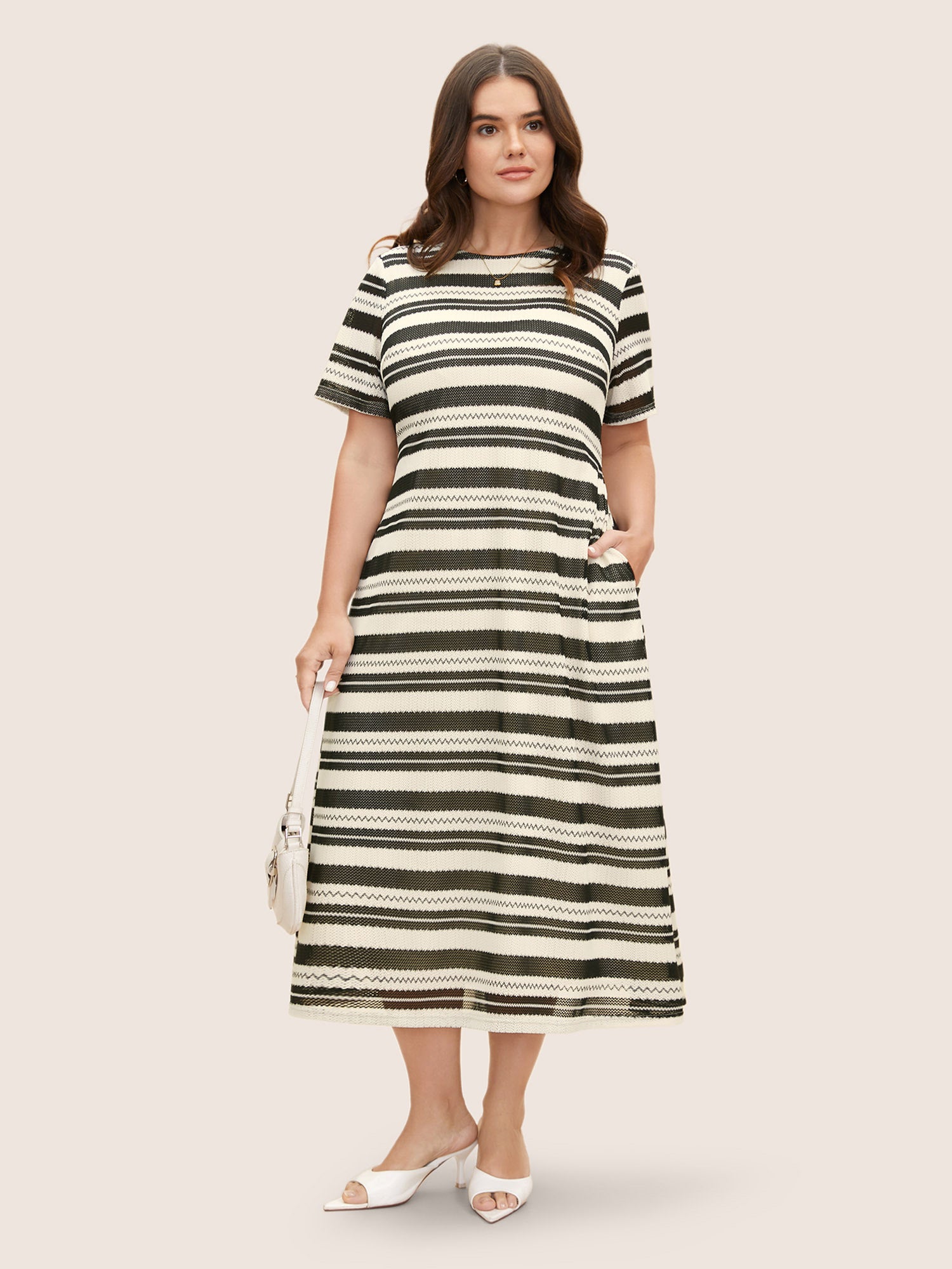 Striped Texture Crew Neck Midi Knit Dress