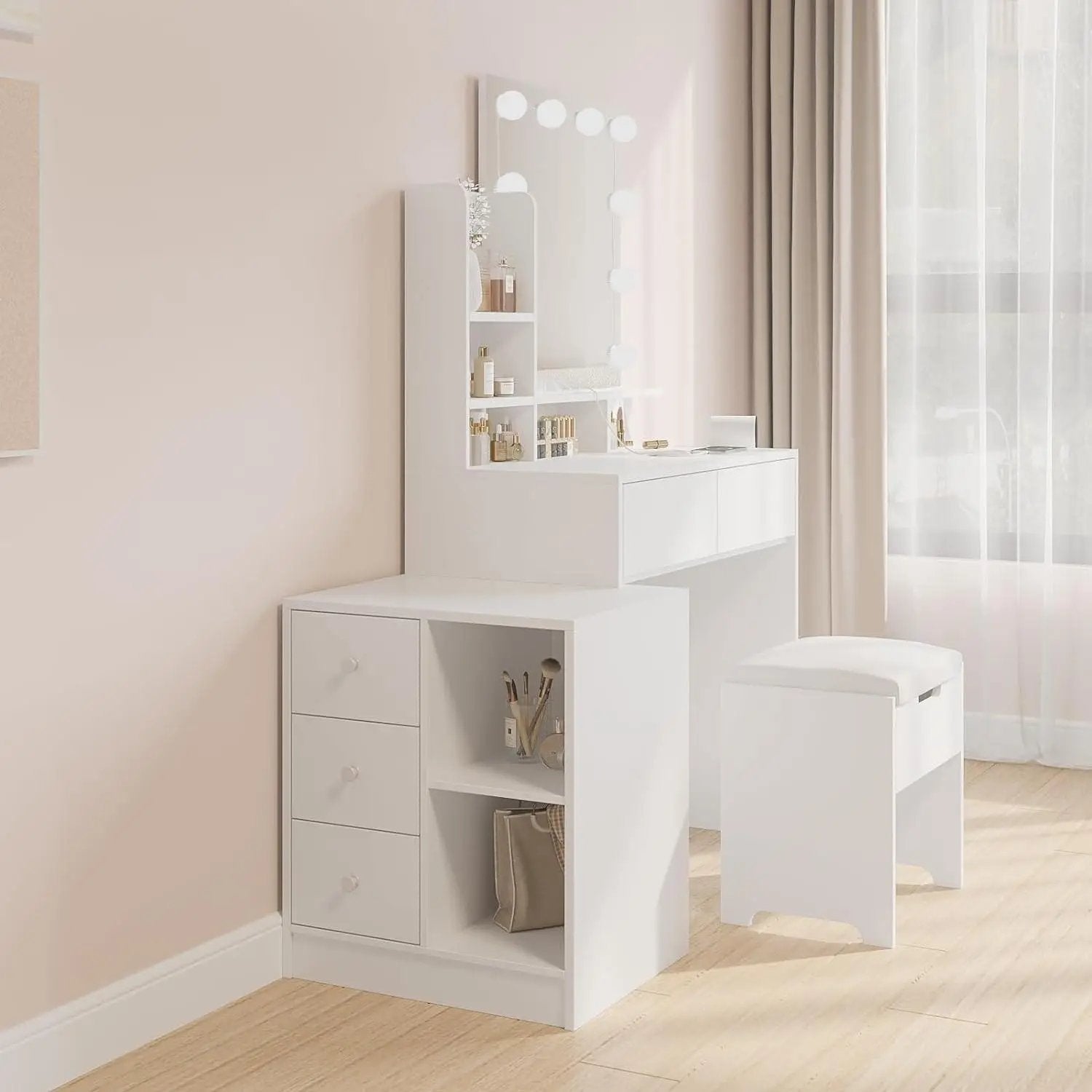 Functional White Vanity Table with 5 Drawers and Lots Storage Shelves for Women Girls