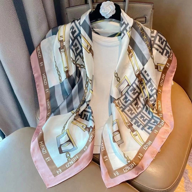 Women's IG Style Elegant Stripe Flower Chains Print Satin Printing Silk Scarf
