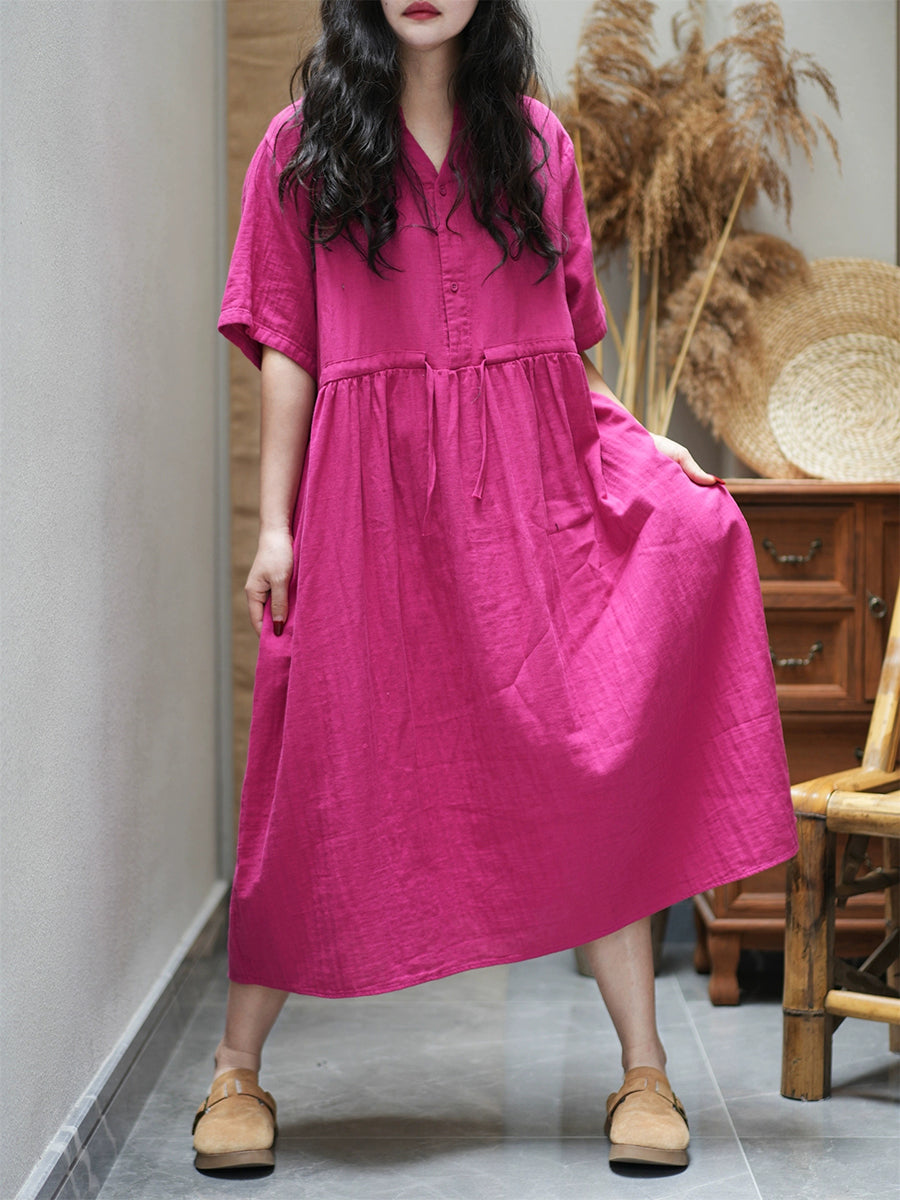 Women Summer Casual Pure Color V-Neck Cotton Dress