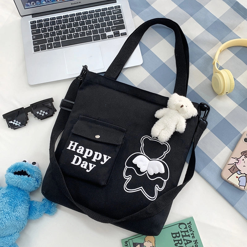 Women's Large Canvas Letter Little Bear Classic Style Zipper Canvas Bag