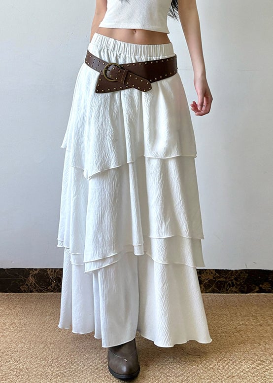 Bohemian White Layered Solid Elastic Waist Cotton Skirts Summer