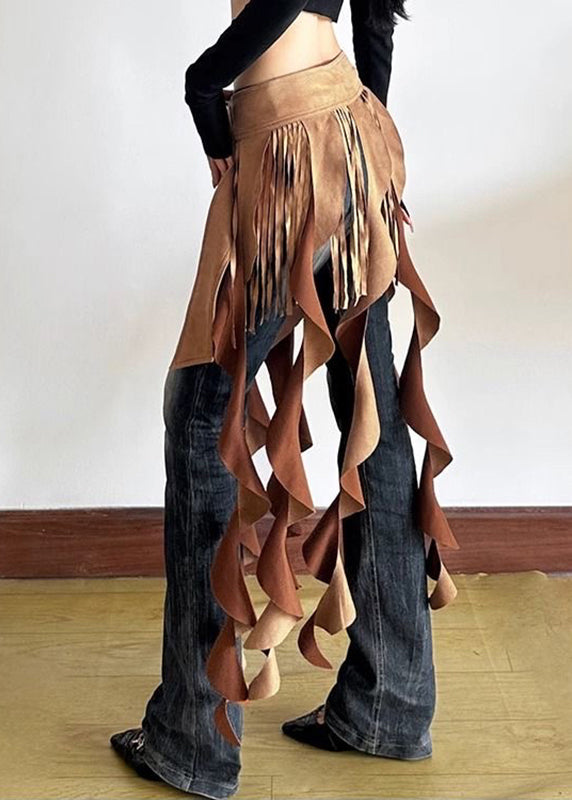 Chic Brown Patchwork Wavy Line Tassel Ribbon Sashes Skirt