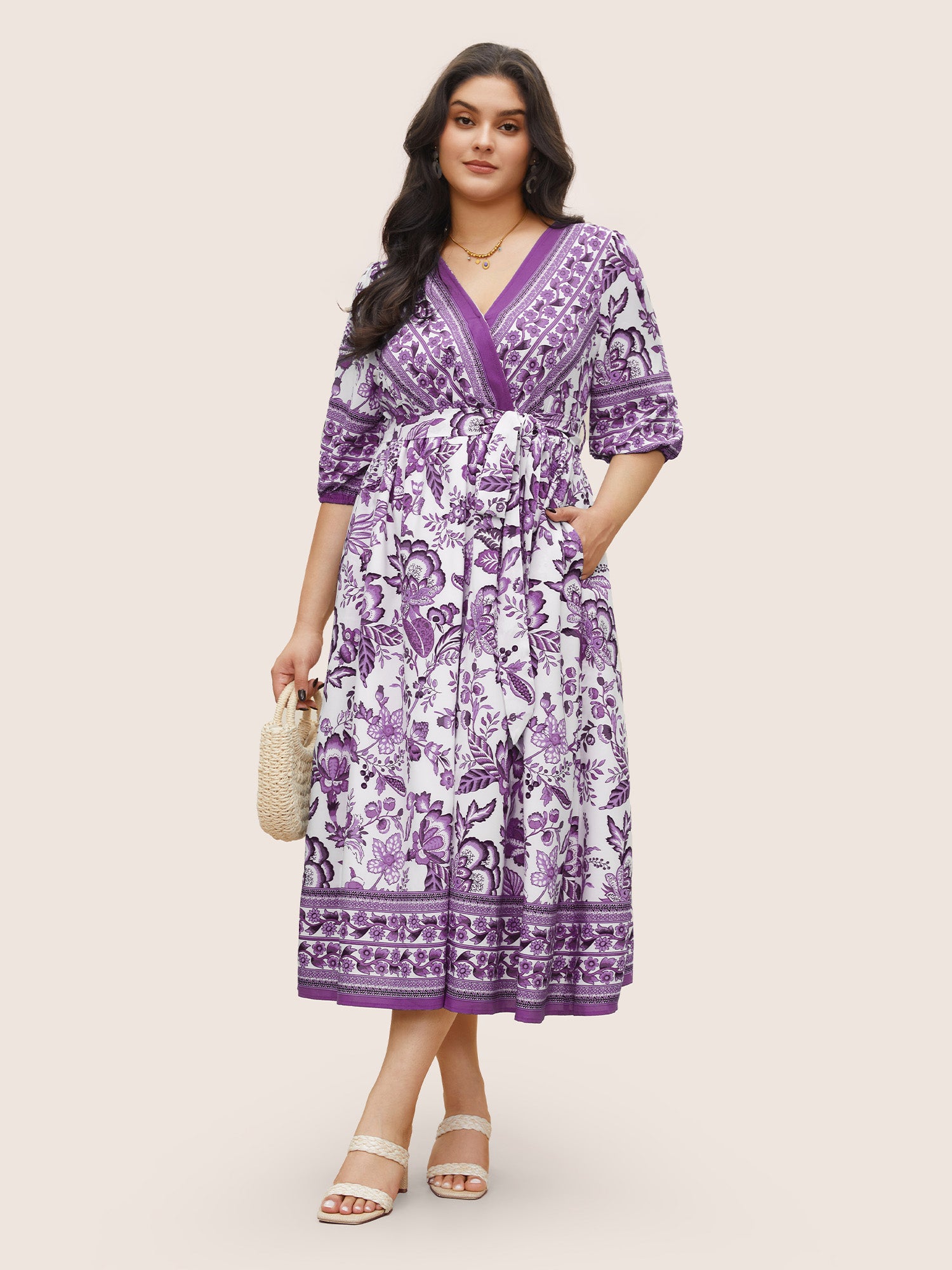 Bandana Print Surplice Neck Lantern Sleeve Pocket Belted Midi Dress