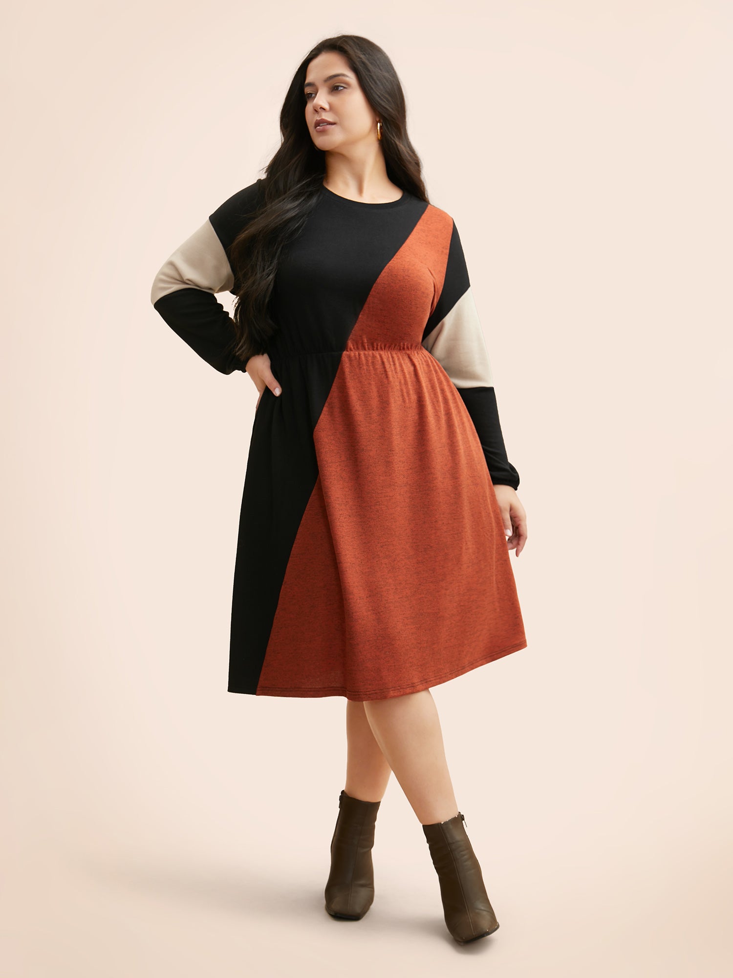 Contrast Patchwork Lantern Sleeve Dress