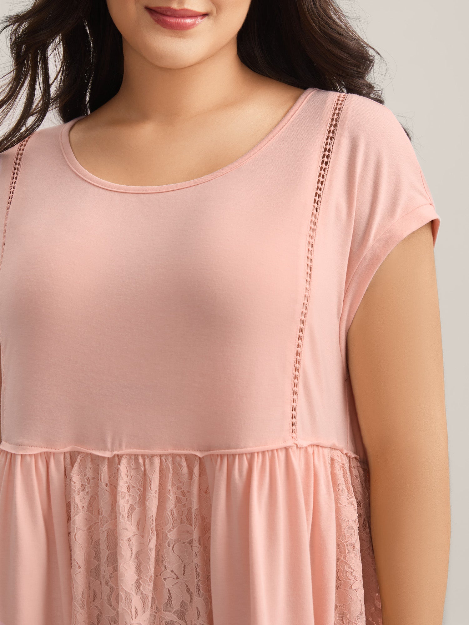 Lace Trim Spliced Solid T-Shirt