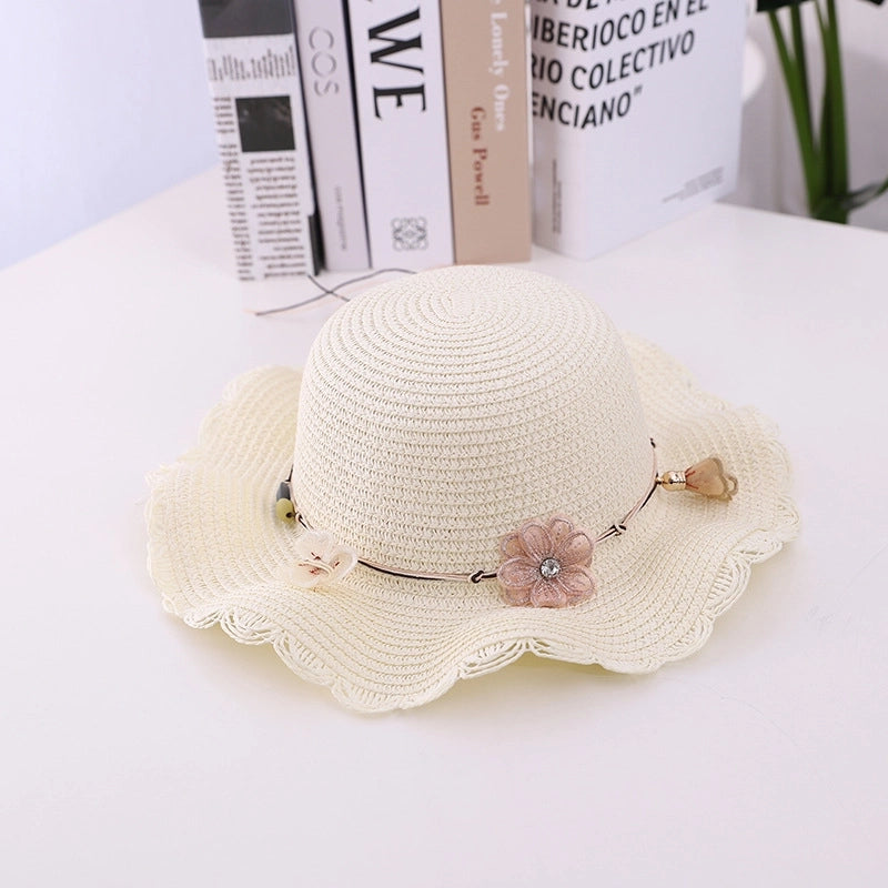 Fashion Flower Decoration Solid Color Children's Summer Beach Hat Sun Hat Straw Hat
