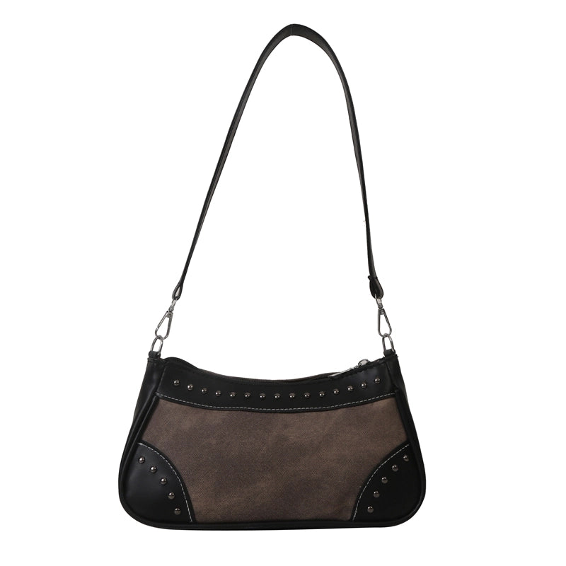 Women's Pu Leather Color Block Vintage Style Semicircle Zipper Shoulder Bag