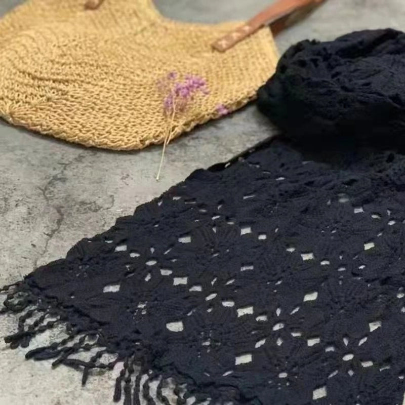 Autumn New Vintage Knitted Cotton Vintage Artistic Crochet Hollow Tassel Design Age-reducing Long Scarf For Women