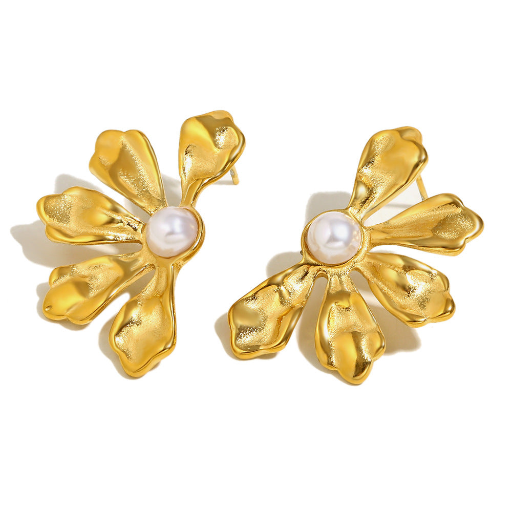 Hot Selling Second-Hand Niche Stainless Steel 18K Gold Plated Flower Pearl Pattern Square Black Jade Earrings For Women