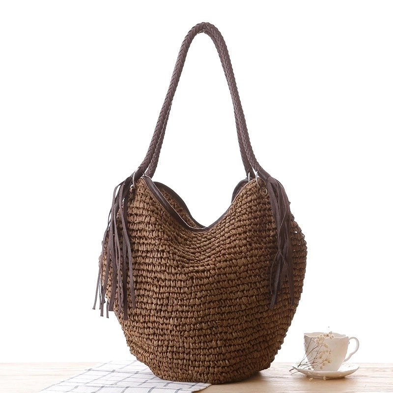New Straw Simple Braided Tassel Shoulder Beach Bucket Women's Bag38*30*20cm