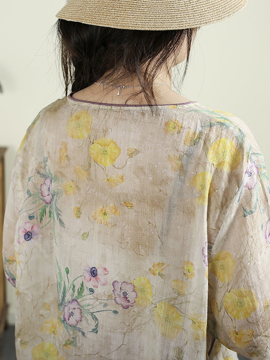 Women Summer Ethnic Flower V-Neck 100%Ramie Shirt