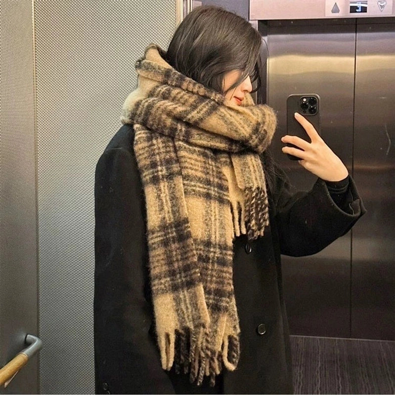 Plaid Scarf Women's Winter High-grade Gradient Mohair Thickened Warm Scarf New Cashmere-like Shawl