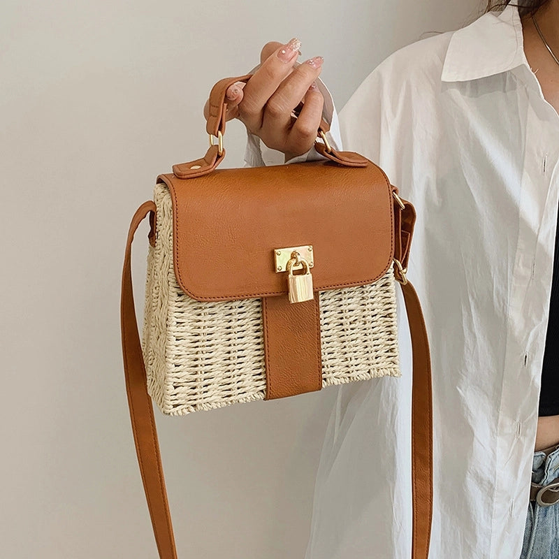 Women's Pu Leather Straw Color Block Vacation Square Lock Clasp Handbag
