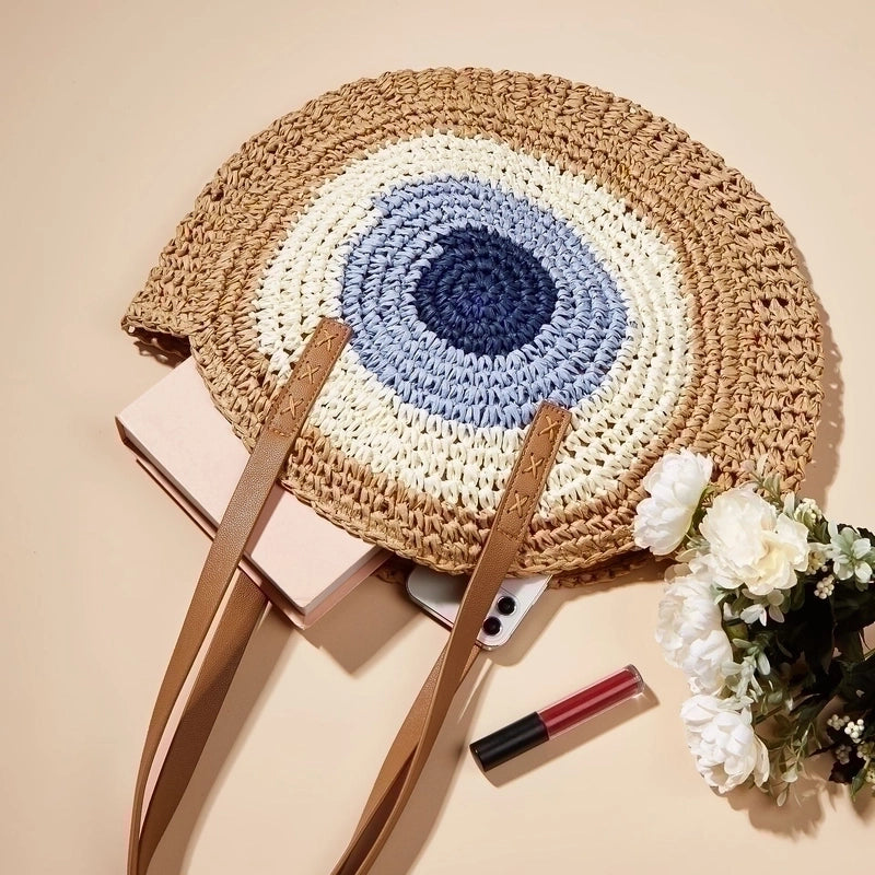 Women's Medium Straw Geometric Vintage Style Weave Round Zipper Straw Bag
