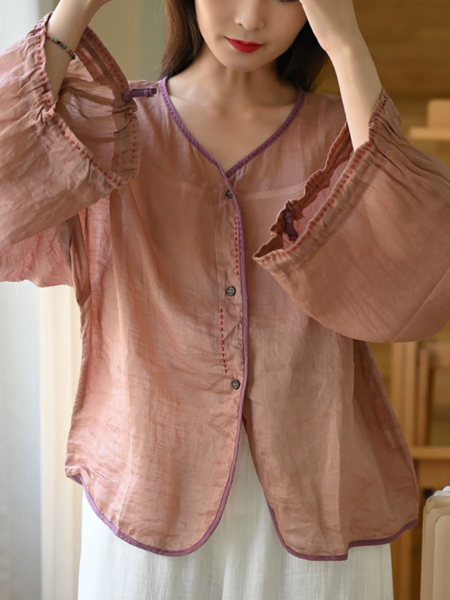 Women Summer Pure Color Ramie Button-up V-Neck Shirt