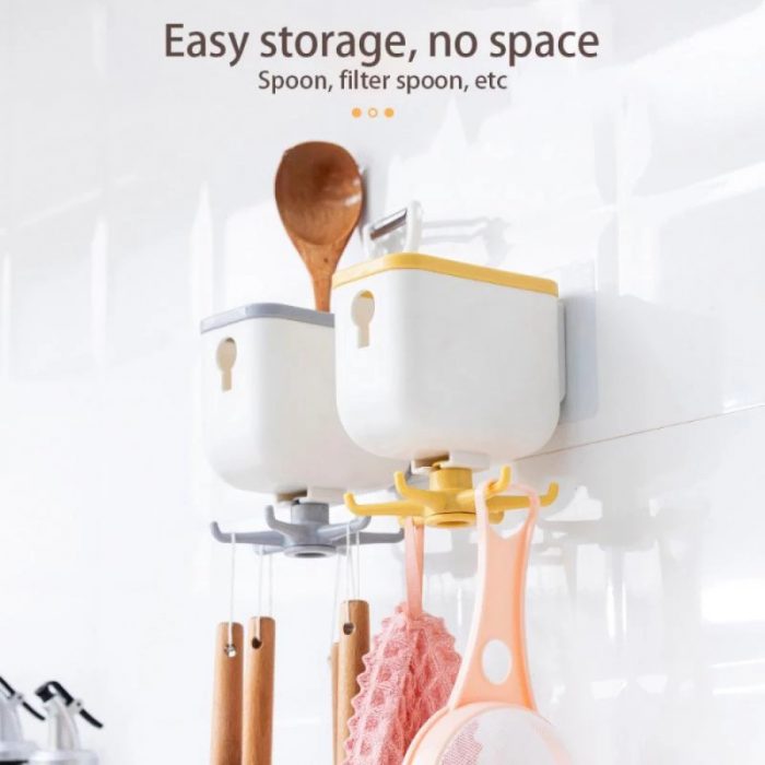 Kitchen Cooking Tool Hanger Storage Box - 6 Rotating Hooks Cookware Rack Hanger