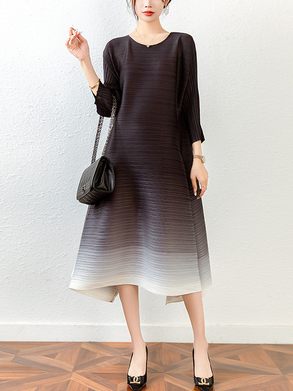 Original Long Sleeves Loose Pleated Gradient Round-Neck Midi Dresses