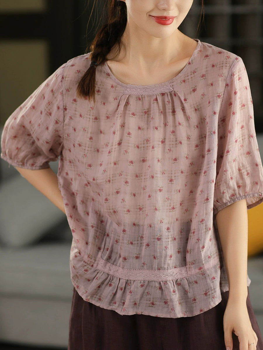 Women Summer Artsy Floral O-Nck 100%Ramie Shirt
