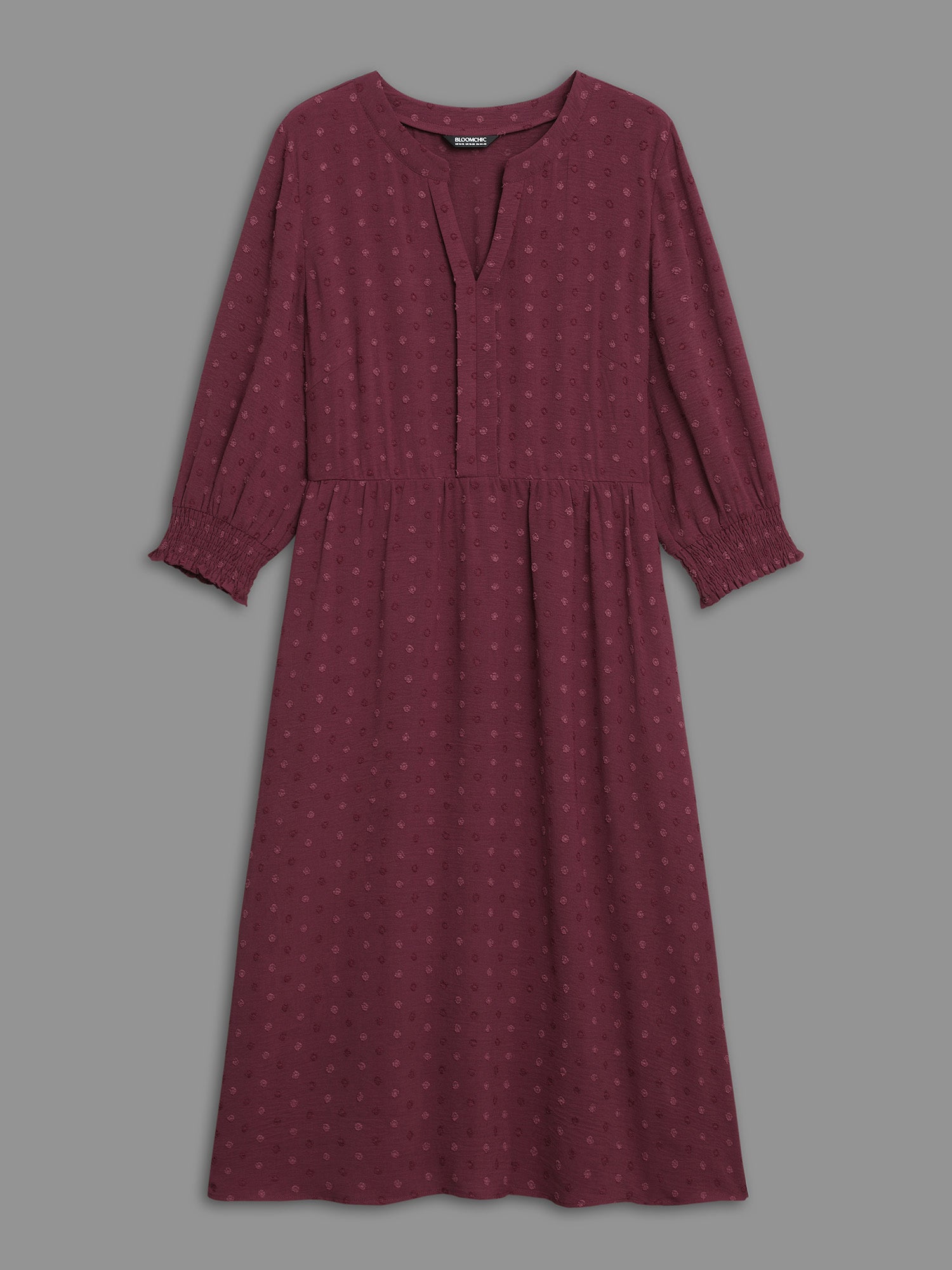 Notched Collar Textured Smocked Cuffs Dress