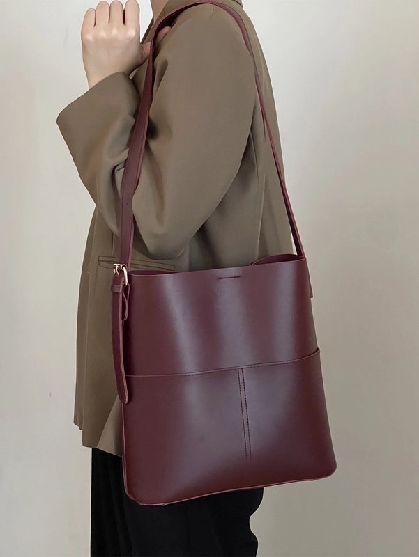 Women's Large Pu Leather Solid Color Basic Open Tote Bag