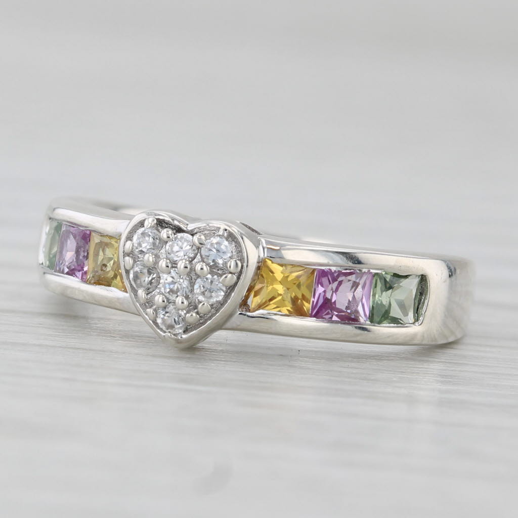 1.05ctw Zircon Pave Heart Rainbow Sapphires Ring Sterling Silver Size 6.25 COA