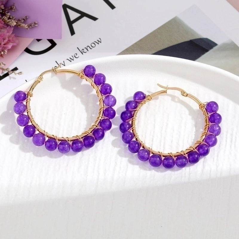 2 Pieces Retro Geometric Handmade Stainless Steel Natural Stone Earrings