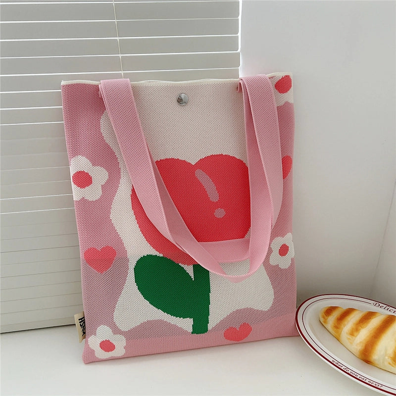 Women's Medium Knit Cartoon Flower Cute Square Lock Clasp Underarm Bag