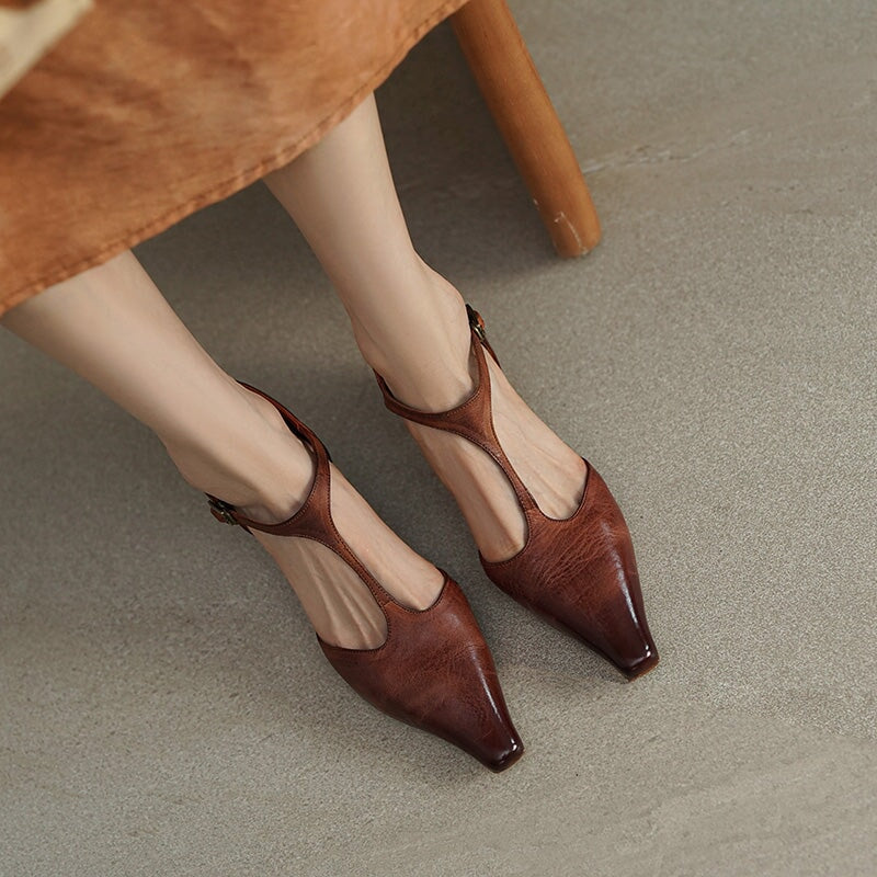 Women's 50mm Block Heel Leather T-strap Mary Jane Shoes For Summer in Brown/Black
