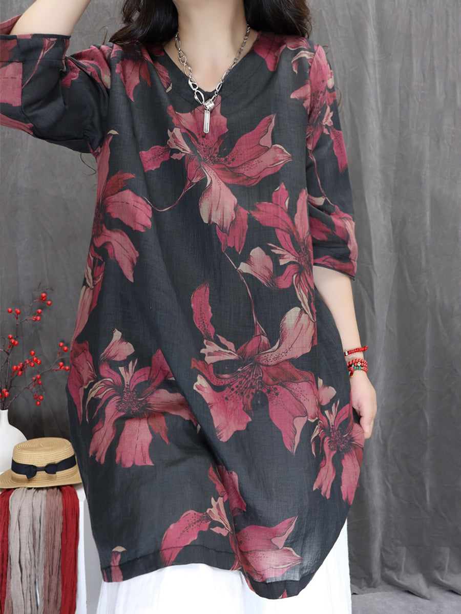 Women Summer Flower 100%Ramie V-Neck Long Shirt