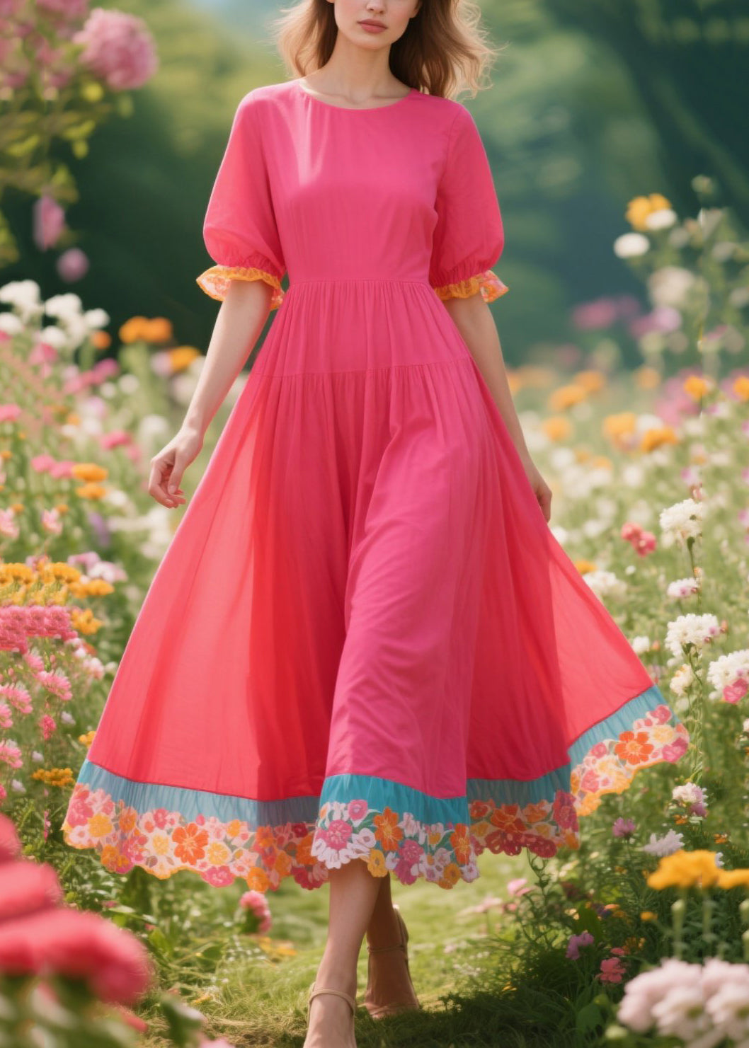 Art Rose Oversized Patchwork Cotton Maxi Dress Summer