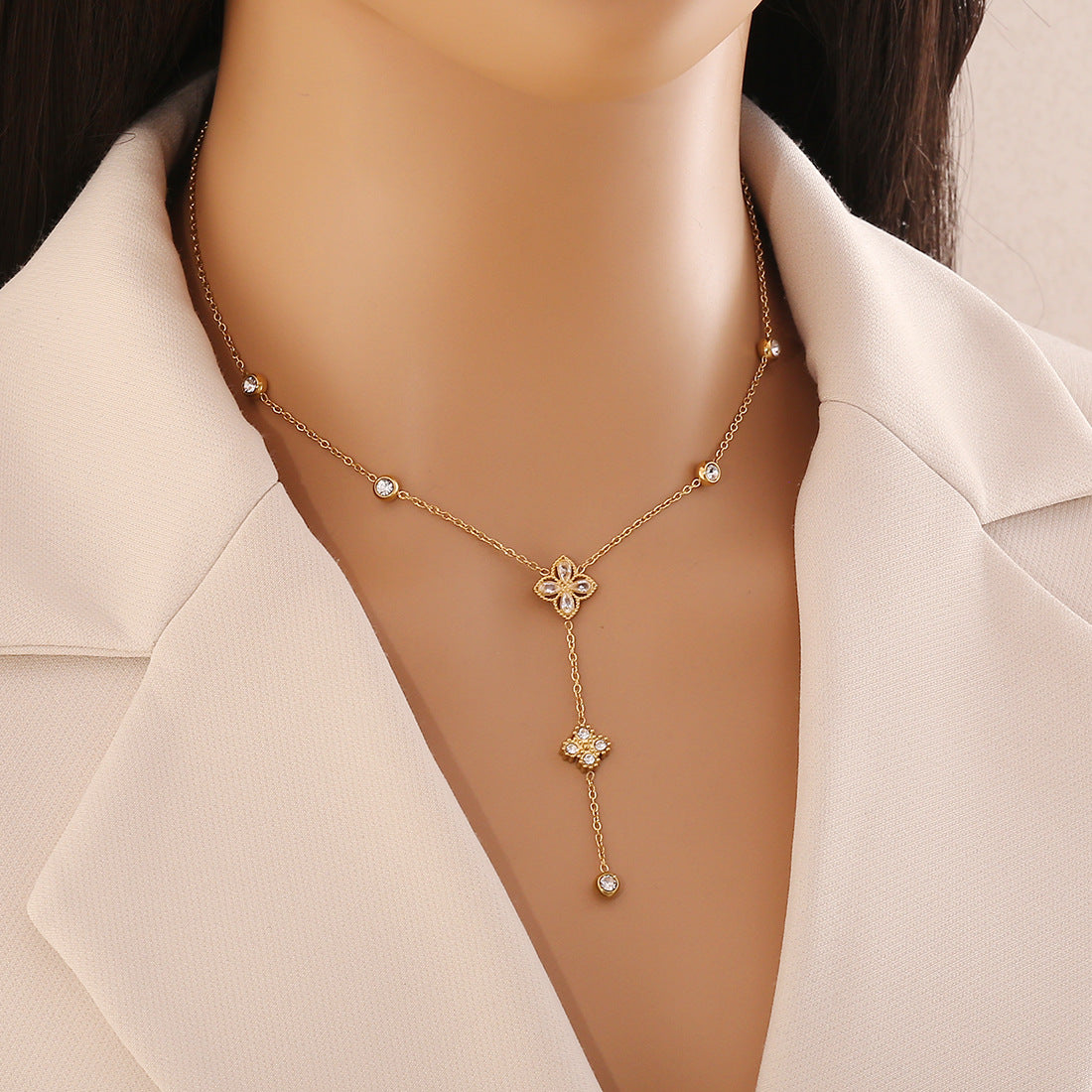 Fashionable Love Y-Shaped Necklace Cross Flower Stainless Steel Clavicle Chain N1459