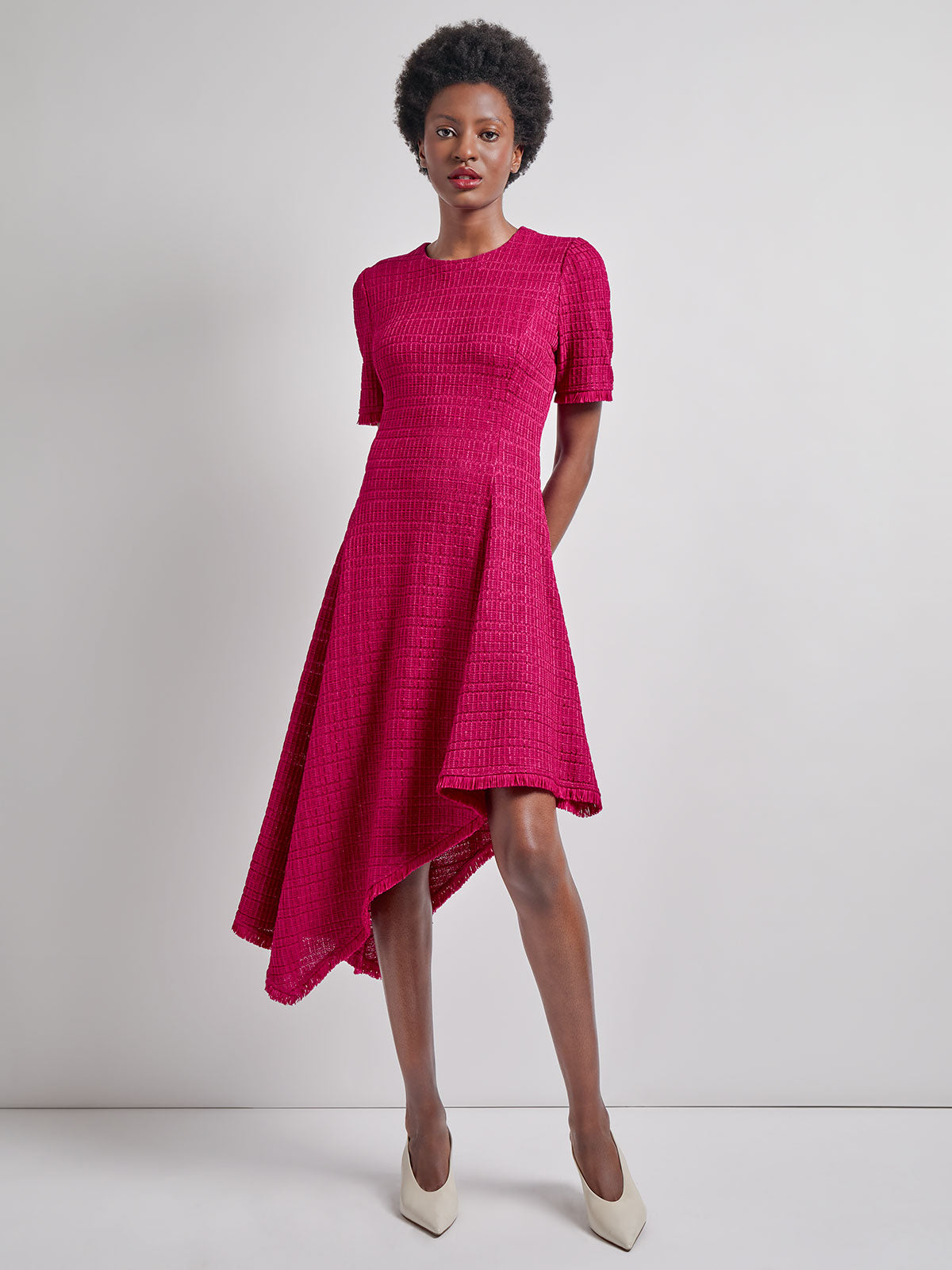 Fit & Flare Tonal Textured Asymmetrical Knit Dress - Modern Fit