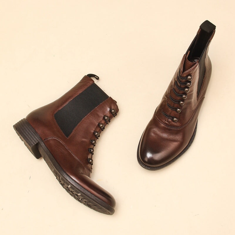 Ankle Boots Women Calfskin Round Toe Side Zip Lace-Up Retro Winter Ladies Motorcycle Shoes Handmade