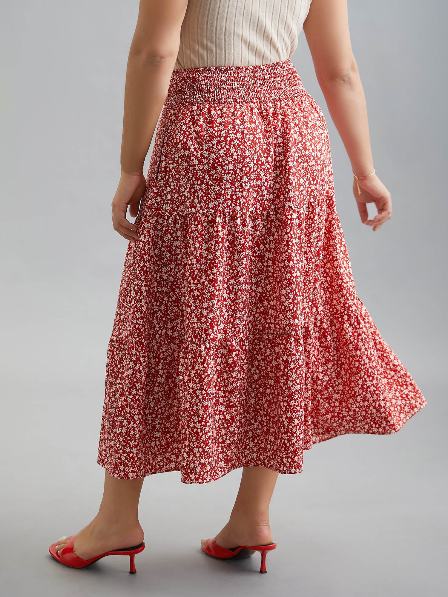 Romantic Floral Waist Shirred Midi Skirt