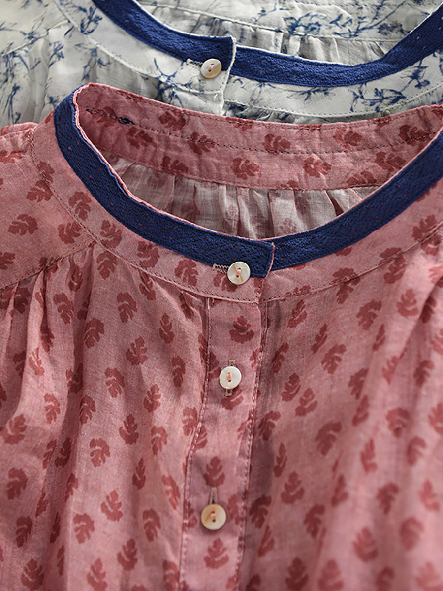 Women Summer Artsy Dot Stand Collar 100%Raime Shirt