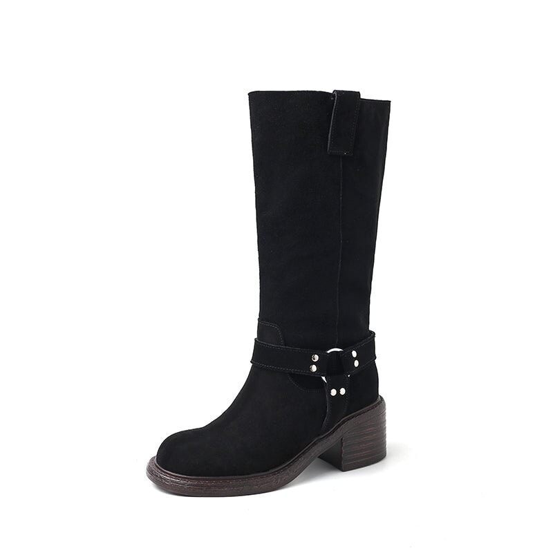 Vintage Satin Slouchy Mid Calf Boots with Buckle Detail Brown/Black