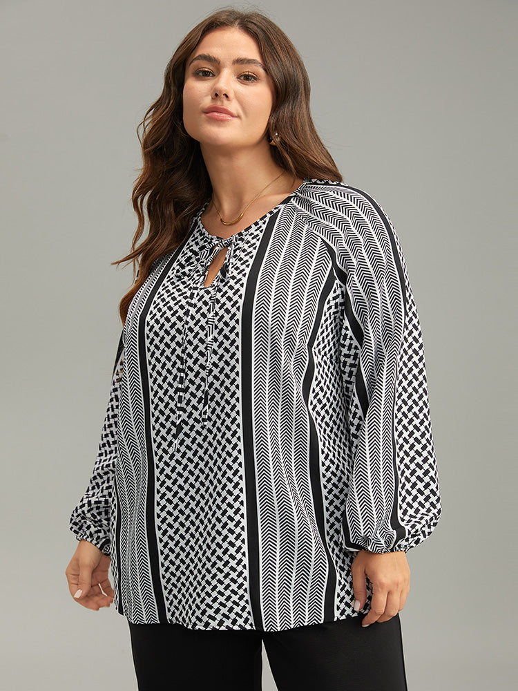 Geo Striped Tie Lantern Sleeve Blouse