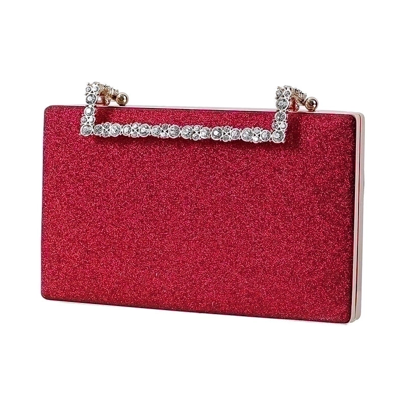 Red Dark Blue Black Pu Leather Solid Color Rhinestone Square Evening Bags