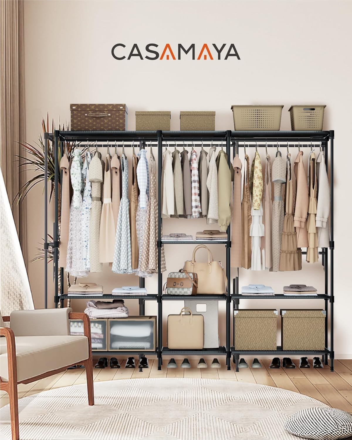 Clothes Rack, Portable Closet, 54.3 Inch Large Capacity Wardrobe Closet, Clothes Storage Organizer with Shelves and 3 Hanging Rods, Easy to Assembly, Black PCT022B01