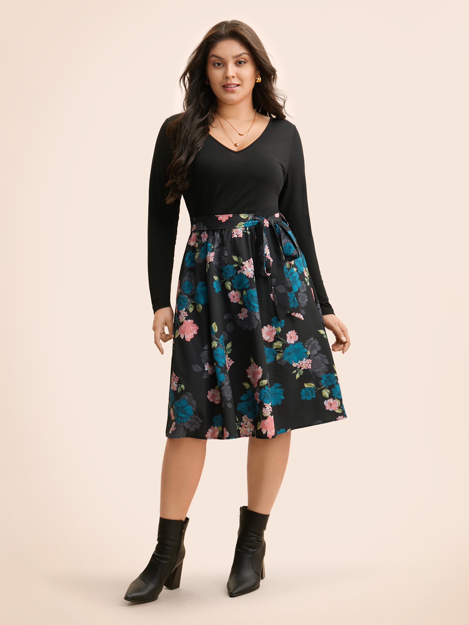 V Neck Floral Patchwork Belted Dress