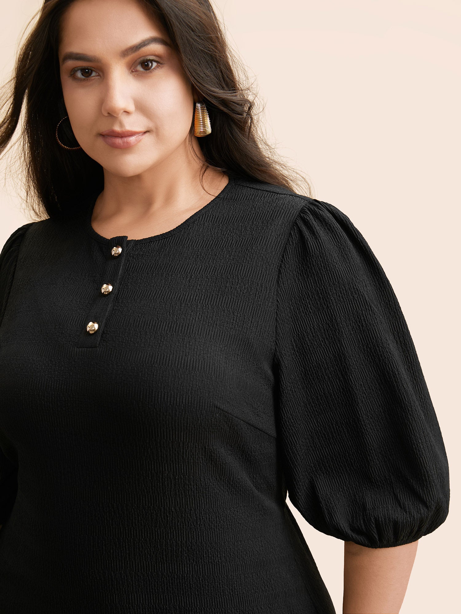 Texture Button Up Puff Sleeve Dress